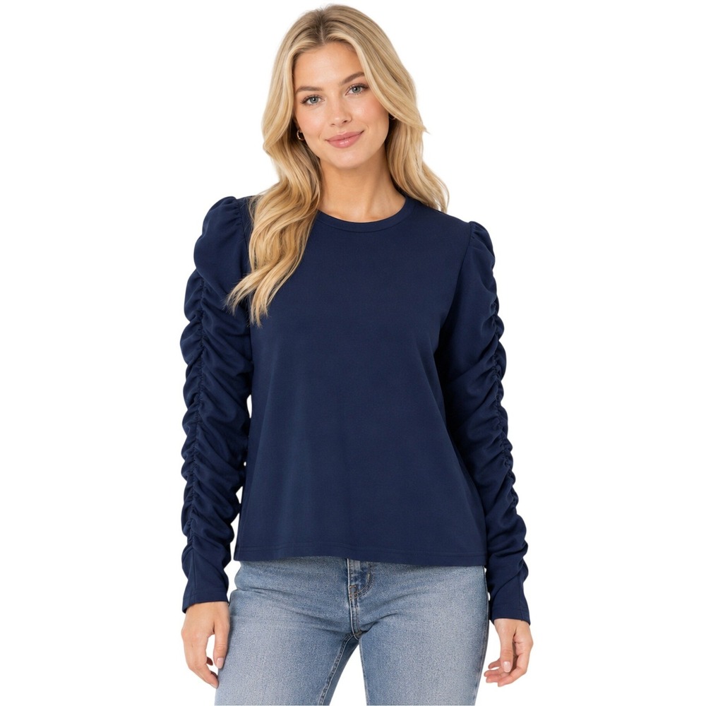 Walter Baker Navy Blue Ruched Puff Sleeve Crewneck Top MEDIUM